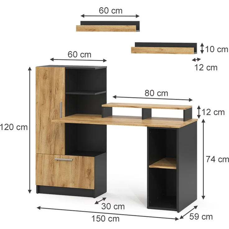 Schreibtisch Tomy Anthrazit/Goldkraft Eiche 150x59 cm 5er Set Vicco – Bild 2