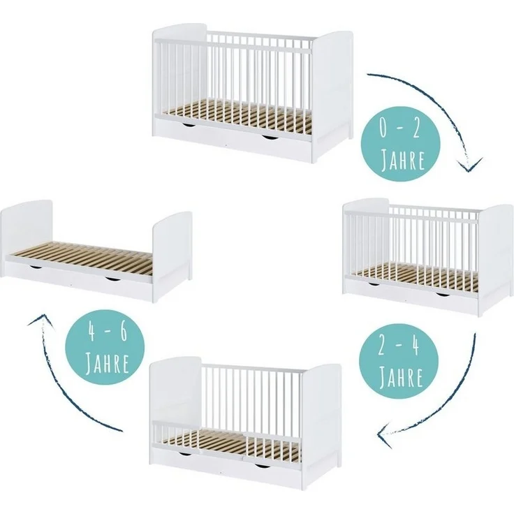 Kids Collective Babybett Kinderbett 70x140 cm umbaubares Gitterbett höhenverstellbar, herausnehmbare Sprossen, weiss Kiefer, mit Schublade und Matratze – Bild 3