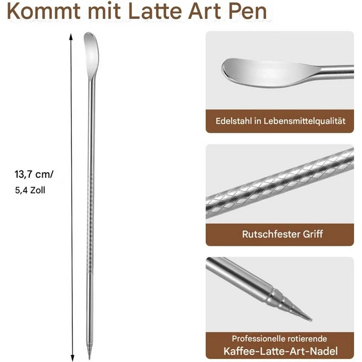 SURFOU Milchkännchen Edelstahl Milchkanne Barista Zubehör Milchaufschäumer Milchbehälter, 0.35 l, (Handheld Aufschäumkännchen Set, Kaffee Creamer Milch Aufschäumer Kännchen Tasse mit Messung Mark und Latte Art Pen, Milchkännchen perfekt für Barista Cap... – Bild 4