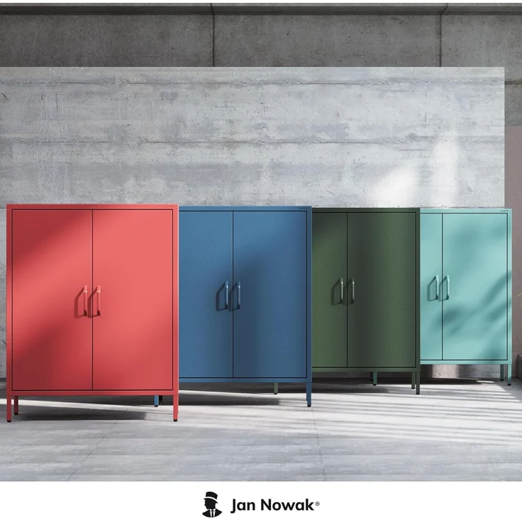 Jan Nowak Sideboard aus Metall, Kommode Glitzernd mit Doppeltür - VITO | Magnetverschluss, Verstellbare Einlegeböden | Highboard Wohnzimmer, Flur, Industriedesign | 80 x 101,5 x 40 cm | Rot – Bild 7