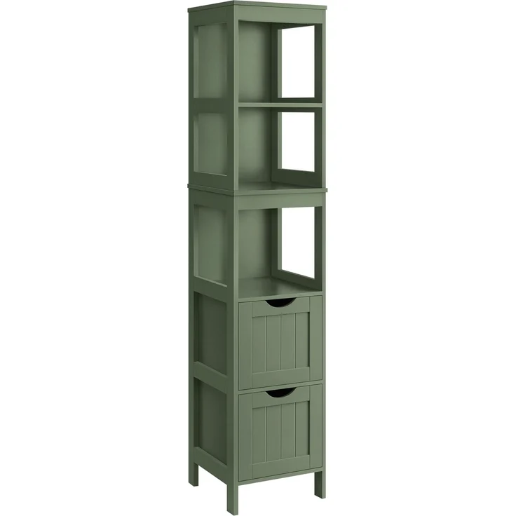 VASAGLE Badezimmerschrank, Schrank freistehend, Badezimmermöbel, mit 2 Schubladen, offenen Fächern, für Badezimmer, Wohnzimmer, Küche, modern, 30 x 30 x 141,5 cm – Bild 2