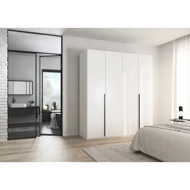 rauch Montclar Kleiderschrank 4-türig, mit 7 Einlegeböden, 2 Kleiderstangen, 1 Schubkasteneinsatz, 1 Inneneinteilung, 1 Innenspiegel, Farbe Weiß, BxHxT 201x223x60 cm