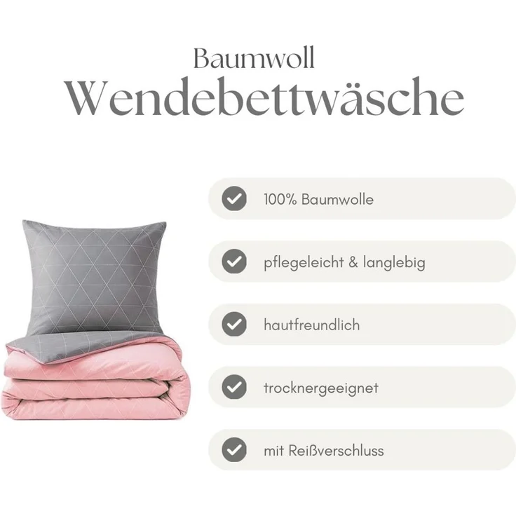 Renforce Bettwäsche mit Reißverschluss - Wendebettwäsche aus 100% Baumwolle, Rautendesign, Rosa 240x220 cm + 2 x 80 x 80 cm – Bild 5
