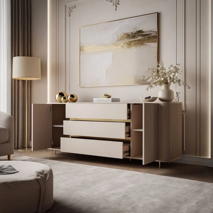 ALLHOUSE24 Wohnzimmer-Set MIRACLE V - Kommode & TV-Lowboard 180 Sandbeige mit goldenen Akzenten, (2-St, Das Set besteht aus: Kommode, TV Schrank), Breite: Kommode: 180 cm, TV-Schrank: 180 cm – Bild 4