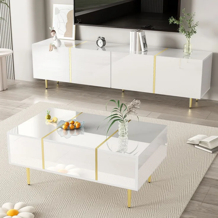 JARDJ Moderner Hochglanz-Weiß TV-Schrank und Couchtisch Set
