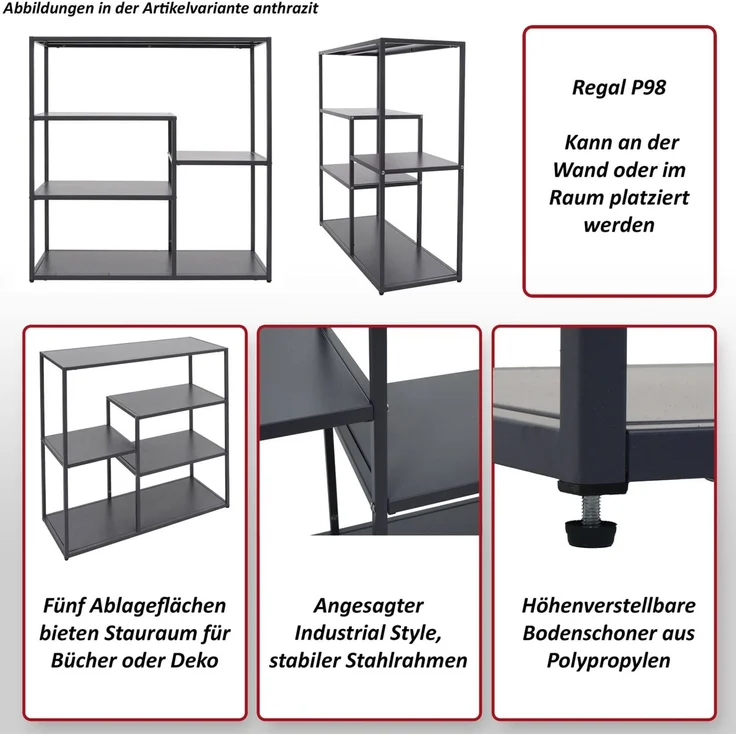 Regal HWC-P98, Wohnregal Standregal Ablageregal, Industrial Metall 80 x 80 x 30 cm ~ schwarz – Bild 2
