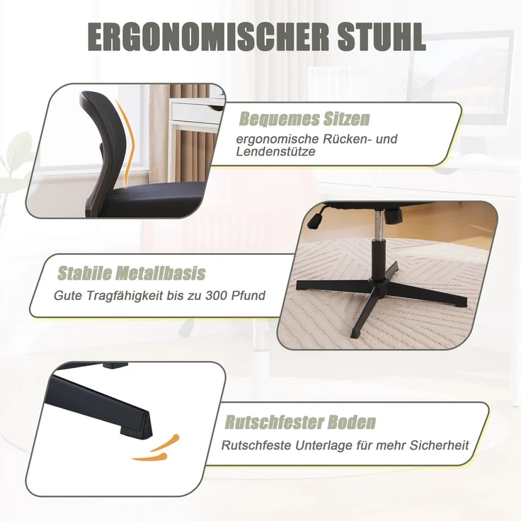 Armloser Drehstuhl ohne Rollen mit 360° Drehfunktion, höhenverstellbar, gepolsterter Sitz,Schwarz – Bild 8