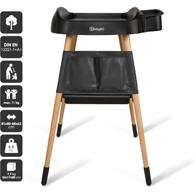 BabyGo Wickeltisch Change ME, Mobiler Wickeltisch aus Buchenholz mit seitlicher Ablage, schwarz – Bild 2