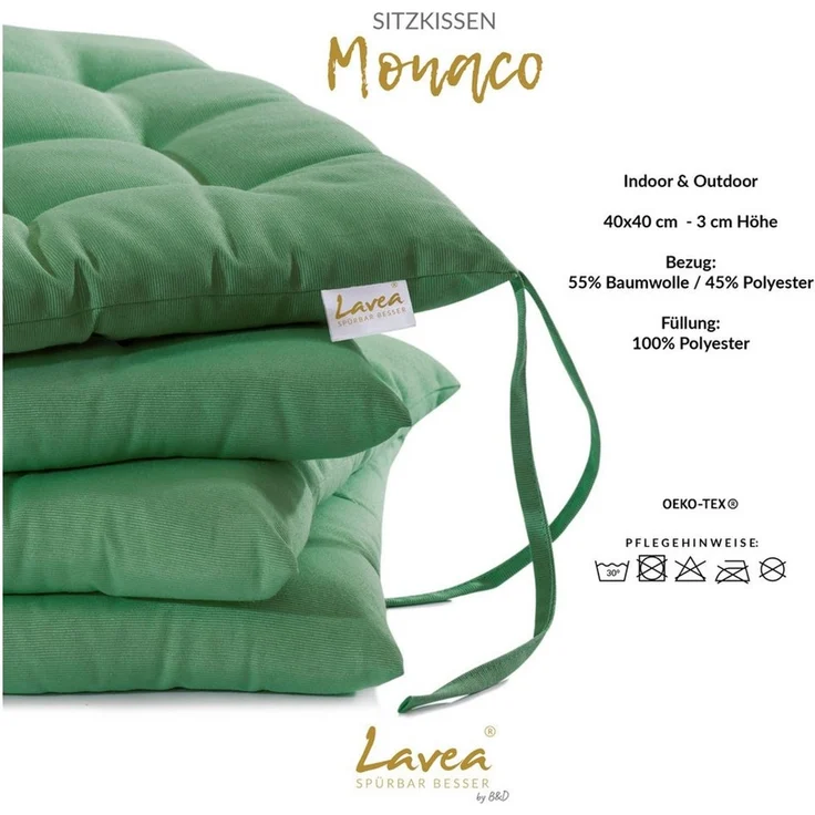 Lavea Stuhlkissen Lavea® Sitzkissen & Stuhlkissen 40x40 cm – 4er/8er Set, 40x40x3 cm, mit Stoffbändern, Indoor & Outdoor, für Garten & Balkon – Bild 3