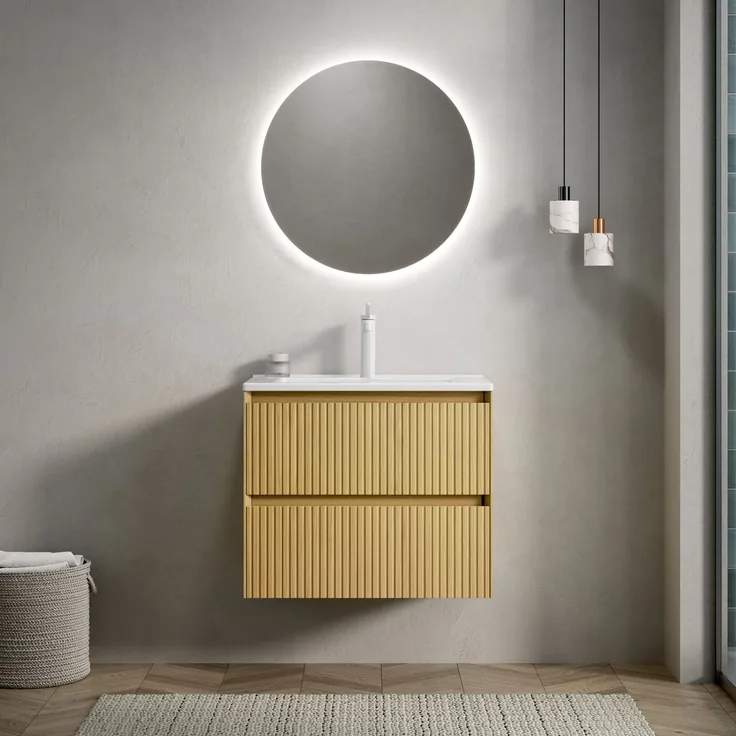 Wandhängender Waschtischunterschrank, 61 cm breit, mit Keramikbecken und 2 Schubladen