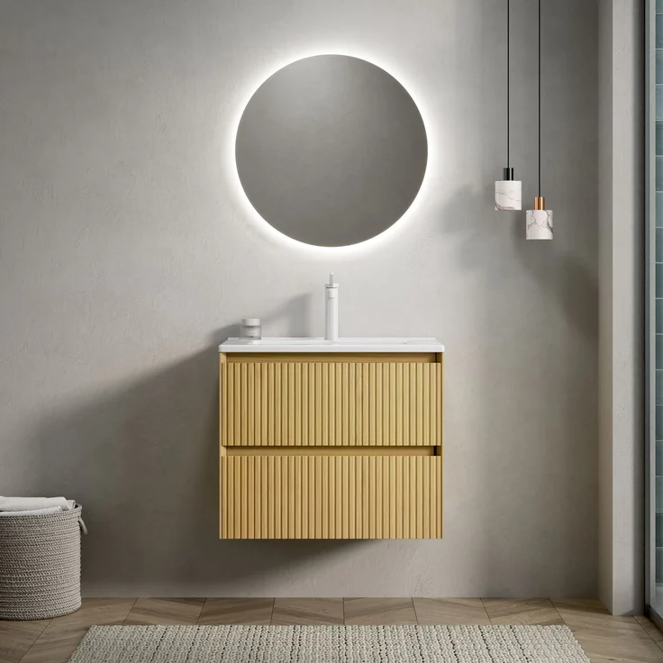 Wandhängender Waschtischunterschrank, 61 cm breit, mit Keramikbecken und 2 Schubladen – Bild 1