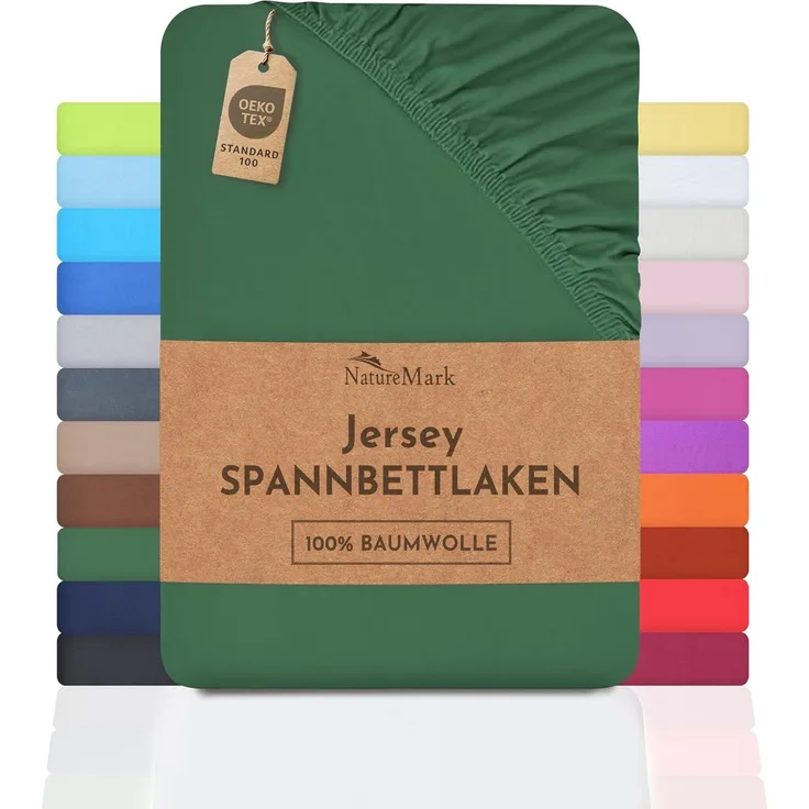 NatureMark Jersey Spannbettlaken, Spannbetttuch 100% Baumwolle in vielen Größen und Farben MARKENQUALITÄT ÖKOTEX Standard 100 | 200x220 cm +40 Steg - dunkel grün