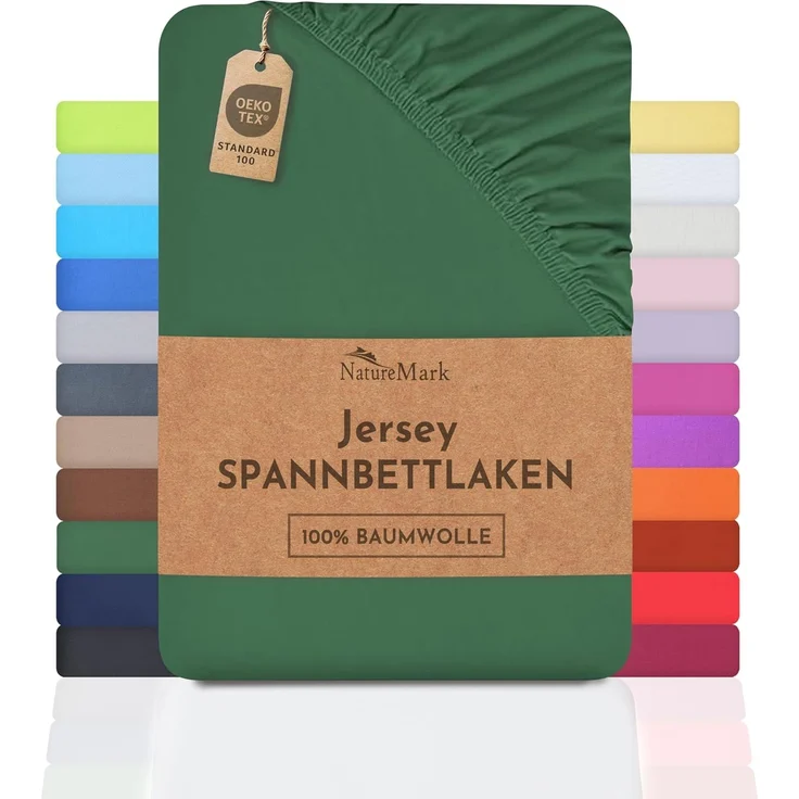 NatureMark Jersey Spannbettlaken, Spannbetttuch 100% Baumwolle in vielen Größen und Farben MARKENQUALITÄT ÖKOTEX Standard 100 | 200x220 cm +40 Steg - dunkel grün
