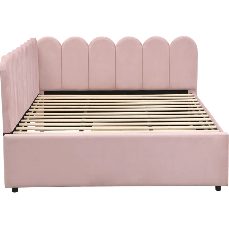 Merax Daybett Polsterbett 140x200cm mit Ausziehbett, Schlafsofa Tagesbett mit Austauschbarer Armlehne, Jugendbett Kinderbett mit Lattenrost, Samt, Rosa – Bild 7