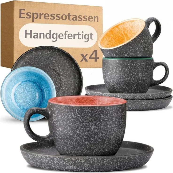 Cosumy Cappuccinotasse Espressotassen mit Untertassen 4er Set - 90 ml Keramik bunt, 8-tlg, Keramik, Warm – Bild 4