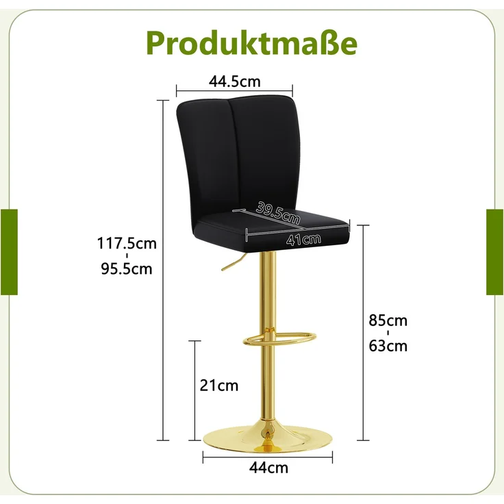 Höhenverstellbarer Barhocker im 2er-Set, 360° drehbar, Luxuriöser Barhocker im Schwarz-Gold-Design aus wasserabweisendem PU-Leder, geeignet für Kücheninseln, Verschiedene Farben erhältlich.--Schwarz + Gold--44.5x44x37cm--YOUDENOVA – Bild 4