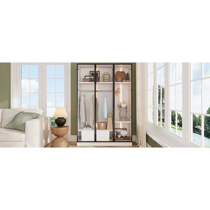 Kleiderschrank aus Spanplatte mit 3 Glastüren, Schublade & Kleiderstange, 110x50x160 cm, Weiß – Bild 5