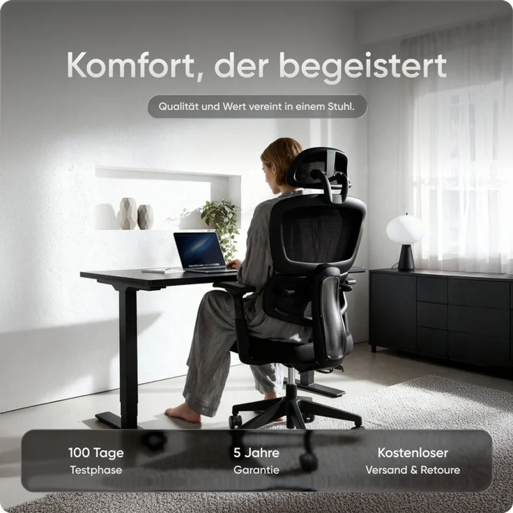 DESKSPACE Bürostuhl Move Ergonomischer Bürostuhl 3-stufige Neigung Schreibtischstuhl 150kg, Intelligente Lordosenstütze zur automatischen Rückenunterstützung – Bild 2