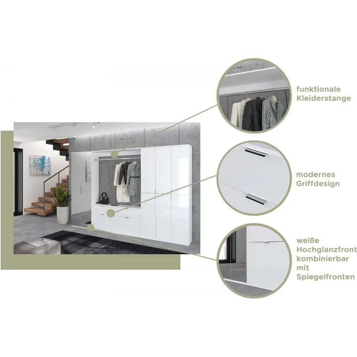 Garderobenschrank mit Spiegel SystemX in weiß Hochglanz 183 x 193 cm – Bild 3