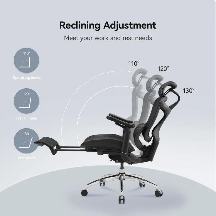Sihoo 'Doro C300L' ergonomischer Schreibtischstuhl, Mit Fußpedal, 126 x 78,5 cm, in Schwarz – Bild 5