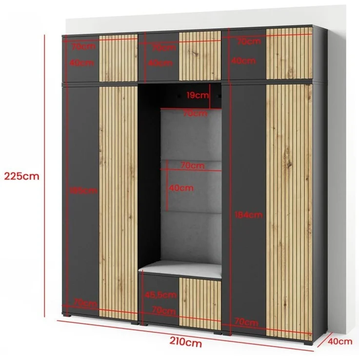 Garderoben-Set Rosario Version 4 mit Lamellen, Kleiderschrank mit Polsterplatten und Schuhschrank (Schwarz / Eiche Artisan, Trinity 16), 225 x 40 x 210 cm – Bild 2