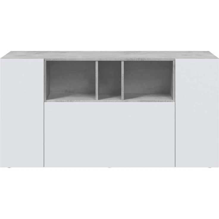 Habitdesign, modernes Sideboard mit 3 Türen und 3 offenen Fächern – Buffet & Beistellschrank für Wohnzimmer oder Esszimmer in Zementgrau & Artik weiß, Maße: 150 x 76 x 41 cm (B x H x T), Modell Loira – Bild 4