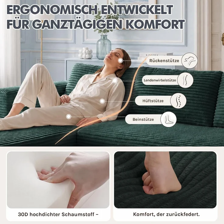 COMHOMA Ecksofa mit Schlaffunktion, 255cm Corduroy Modulares Boneless Couch mit Chaiselongue & Rücken-Metallgestell, L-Form Schlafsofa mit offenem Design, Kissen & Seitentaschen,für Wohnzimmer, Grün-R – Bild 13