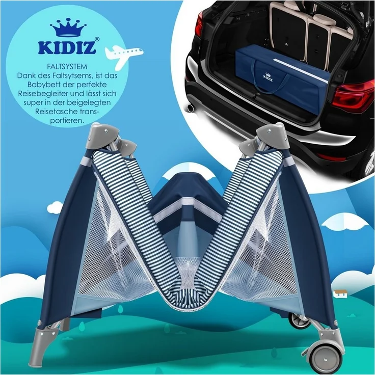 KIDIZ® Babybett 3 in 1 Reisebett Kombi Set Baby Bett mit Wickelauflage Moskitonetz Laufstall Baby ab Geburt bis 15 kg luftige Seitenwände mit Seiteneingang Tragetasche zusammenklappbar Blau – Bild 3
