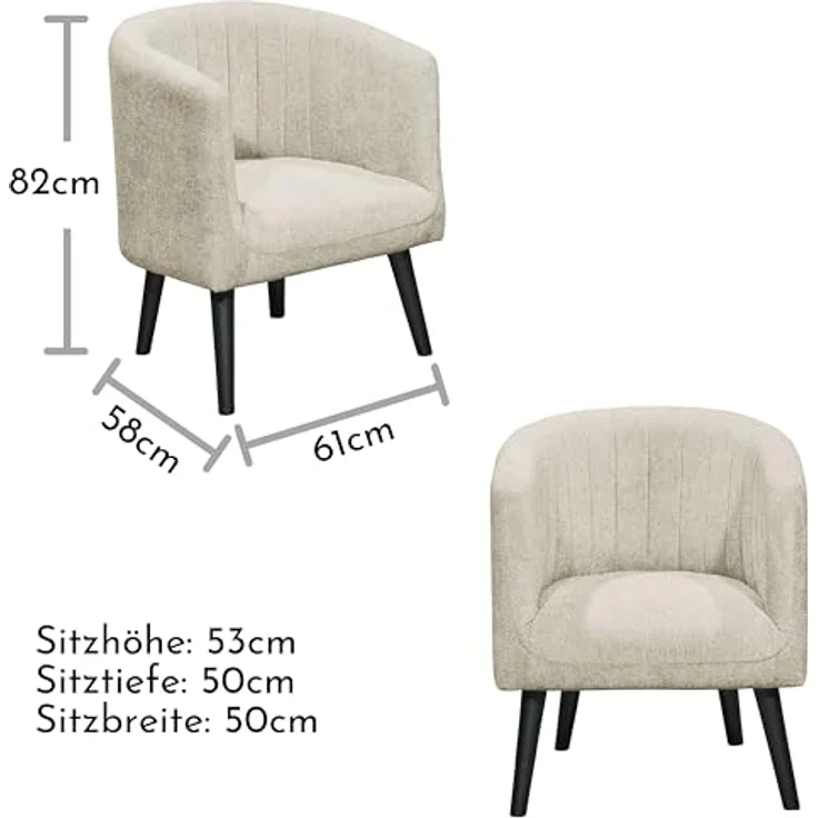 PAUL Loungesessel mit Armlehnen, Ivory - Moderner Wohnzimmer Fernsehsessel gepolstert mit schwarzen Massivholz Füßen - 61 x 82 x 58 cm (B/H/T) – Bild 4