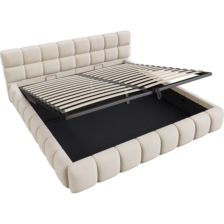 Merax Polsterbett 180 x 200 cm Doppelbett, Mit Lichtleiste, Kopfteil und Bettseiten mit voluminöser, Solider Formgebung, Ausgestattet mit hydraulischer Staufunktion, Samt, Beige – Bild 6