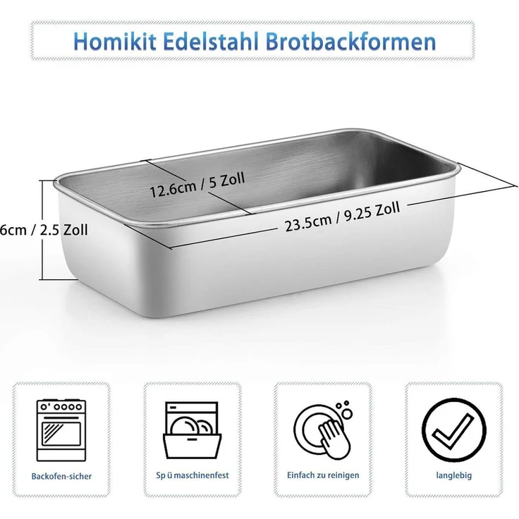 Homikit Edelstahl Kastenform 2er-Set Brotbackform 23,5cm x 12,6cm x 6cm – Bild 2