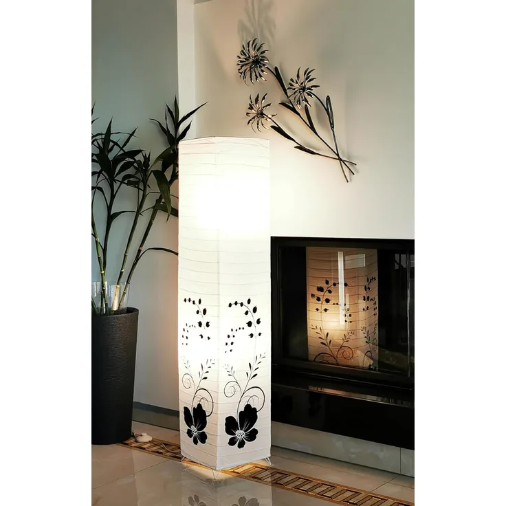 TRANGO LED Stehlampe, 1210L Design LED Standlampe *GREECE* Reispapierlampe *HANDMADE* in weiß mit floralem Motiv I inkl. 2x E14 LED Leuchtmittel I Form: eckig I Höhe: ca. 125cm, Wohnraumlampe I Stehleuchte I Reispapier