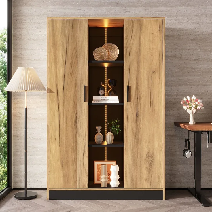 Vitrine 95x35x160 cm in Eichenoptik/Schwarz mit LED-Fach, 2 Türen und Soft-Close