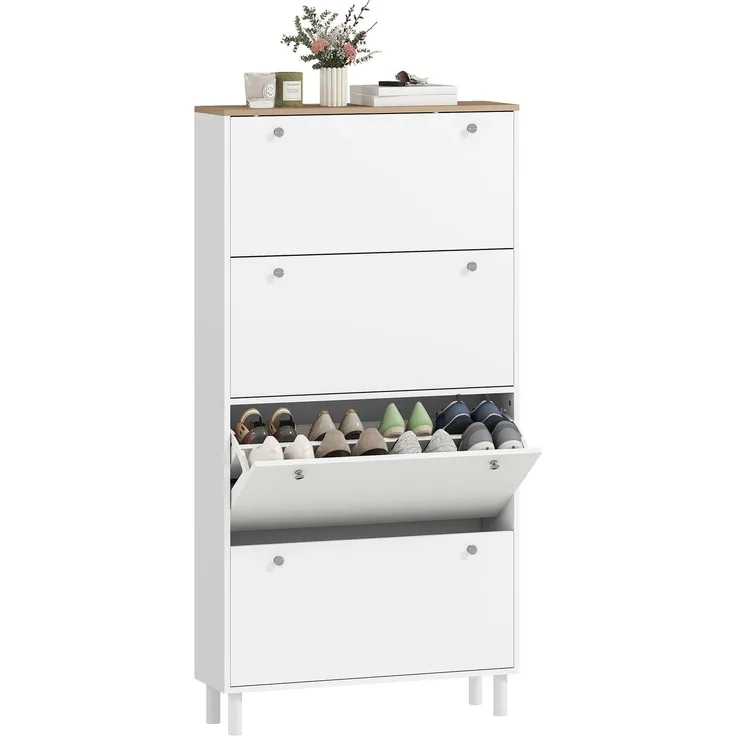 Schuhschrank für 32 Paar Schuhe mit 4 klappbaren Schubladen, verstellbaren Einlegeböden, modern, 80 x 23,5 x 157 cm, weiß