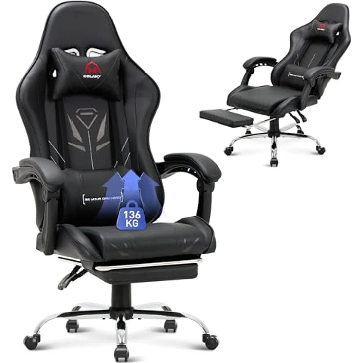 COLAMY Gaming Stuhl, Computer Stuhl mit Fußstütze und Lendenwirbelstütze, höhenverstellbarer Gaming Chair mit 360°-Drehsitz und Kopfstütze, Video Gamer PC Stuhl, Ergonomische hohe Rückenlehne, Schwarz – Bild 2