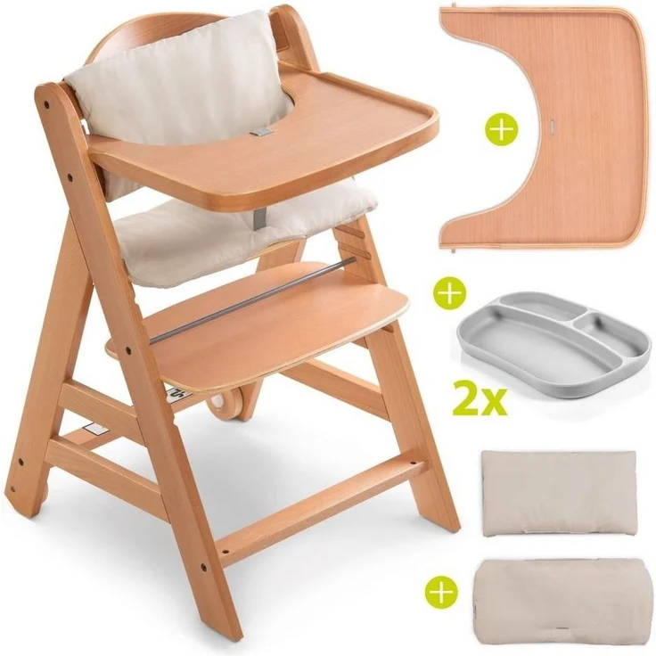 Hauck Hochstuhl Alpha Plus Move Natur (5 St), Holz Kinderhochstuhl inkl. Essbrett, Sitzkissen und 2 x Silikon Teller – Bild 1
