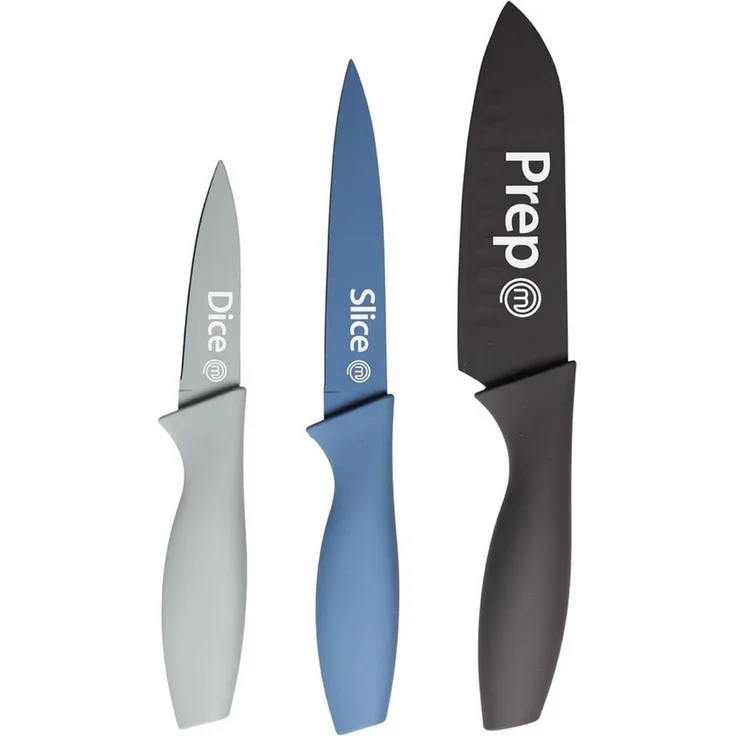 MasterChef Messerset, Küchenmesser Set ink. Kochmesser, Gemüsemesser & Schälmesser, Scharfe Messer Edelstahl, Antihaftbeschichtete, Soft-Touch-Griffe, 3-teilig, Blau, Captions