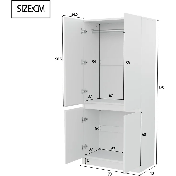 CHICFURN Kleiderschrank 70x170x40 cm aus Holz mit Doppeltüren – Weiß – Bild 8