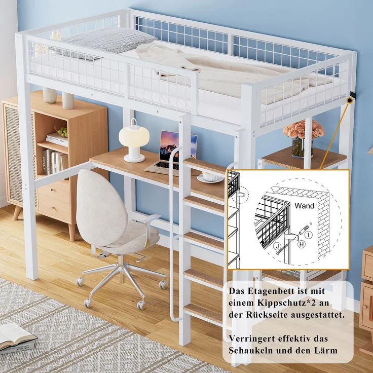 Etagenbett 90×200 cm mit Rausfallschutz, Schreibtisch und Regalen, Weiß/Natur, ohne Matratze – Bild 8