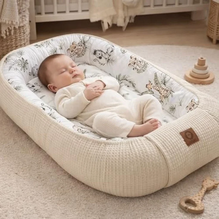 Babynestchen Neugeborene – Nestchen Baby aus Waffel Baumwolle & Baumwollstoff – Babynest für Babybett & Kinderbett – Baby Kokon Tragbar – OEKO-TEX – Zubehör für Babybett - Safari und Hellbeige – Bild 2