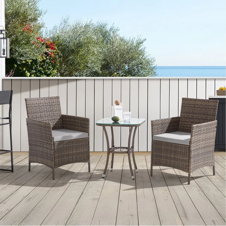 SVITA Balkonset BROOKLYN BISTRO, (Set (3-tlg), 1 Tisch, 2 Stühle), Sitzgruppe, Polyrattan, inkl. Kissen, Braun