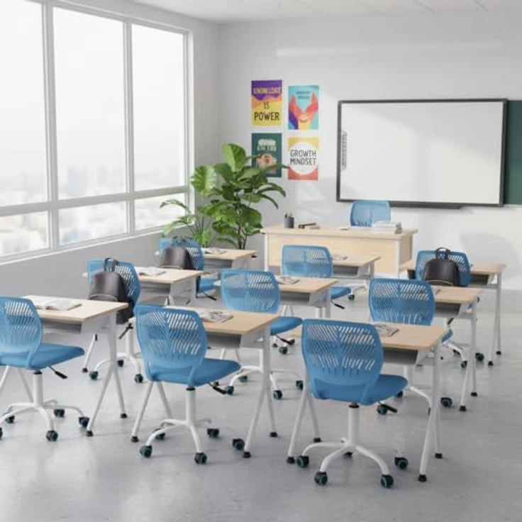 FurnitureR Schulstuhl ergonomischer Drehstuhl ohne Armlehnen, höhenverstellbar, Netzrückenlehne, Sitz 38x40 cm, 32cm Rückenlehne, Metallfuß mit Rollen, 130kg Tragkraft, Blau – Bild 3