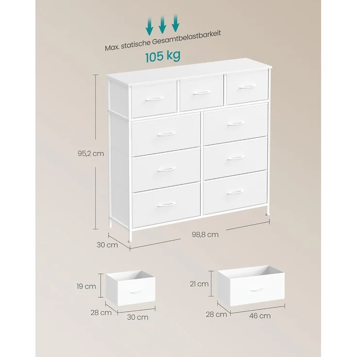 SONGMICS Kommode, Schrank, 9 Stoffschubladen, Aufbewahrungsschrank, Stahl, MDF, Vliesstoff, für Schlafzimmer, Flur, Wohnzimmer, wolkenweiß-schneeweiß LGS324WH01 – Bild 2