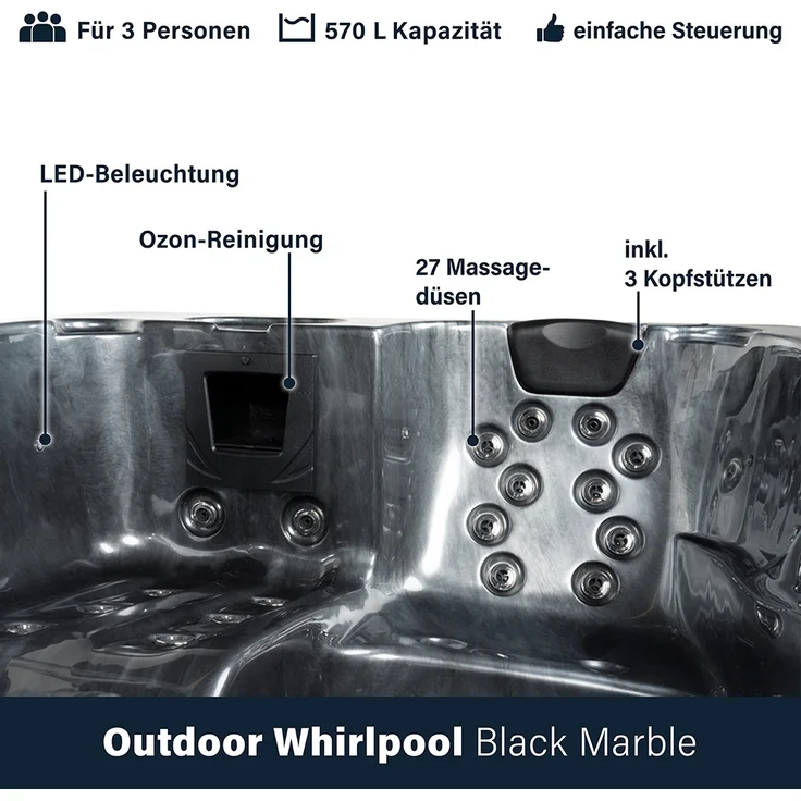 HOME DELUXE Outdoor Whirlpool BLACK MARBLE - Mit Treppe und Thermoabdeckung – Bild 10