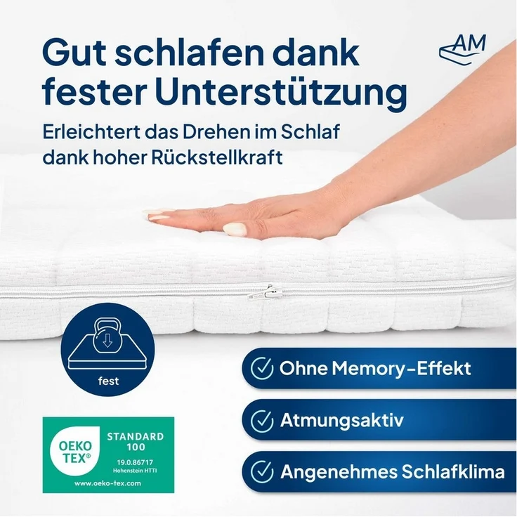 AM Qualitätsmatratzen, Topper fest, Harter Matratzentopper H4, Bezug waschbar, 6 cm hoch, Hybridschaum, 120x200 cm – Bild 3