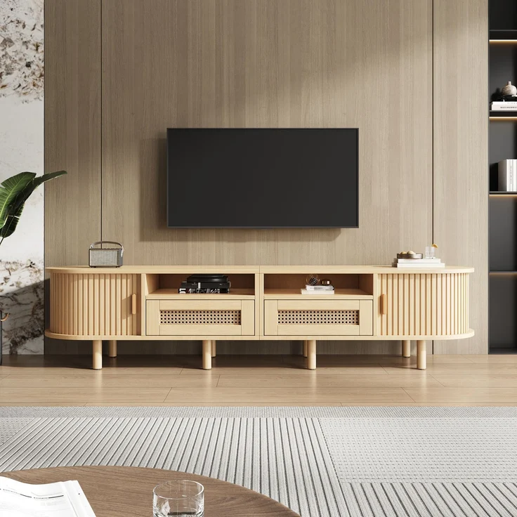 TV-Schrank 170 cm Ovale TV-Bank mit Rattanoptik Schubladen Schiebetüren Lowboard Holzlook Wohnzimmer Kompakter Retro-Stil 8 Beine – Bild 5