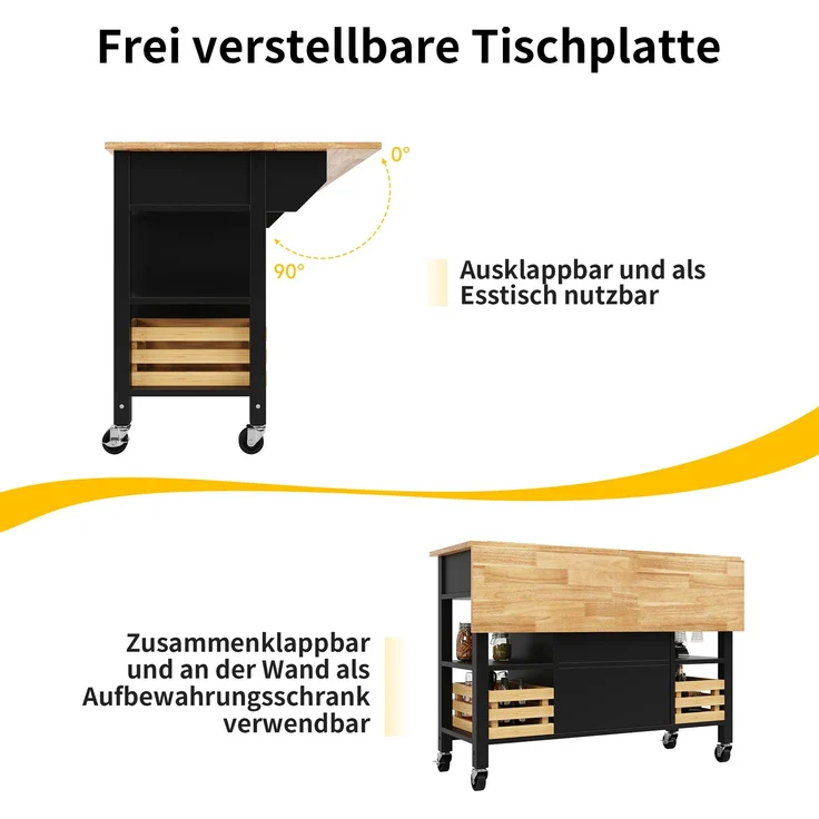 Kücheninsel 120 cm Schwarz & Natur, Küchenwagen mit klappbaren Seiten 73 cm, multifunktionaler mit Schublade und verstellbaren Ebenen – Bild 5
