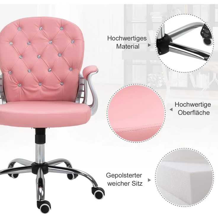Faumrta Bürostuhl Chefsessel ergonomisch gepolsterte Rückenlehne, Rosa, PU, 59,5x60,5 95-105 cmBonded Leather59.5cm*60.5cm*105cmRosa – Bild 4