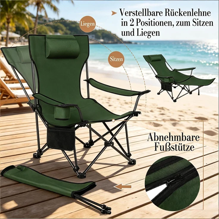 Campingstuhl B 84 x T 115 x H 88,5 cm / 160 x 84 x 44 cm aus 600D Oxford-Gewebe und Stahlrohr, klappbar mit Fußlehne, 1 Stk. – Bild 6