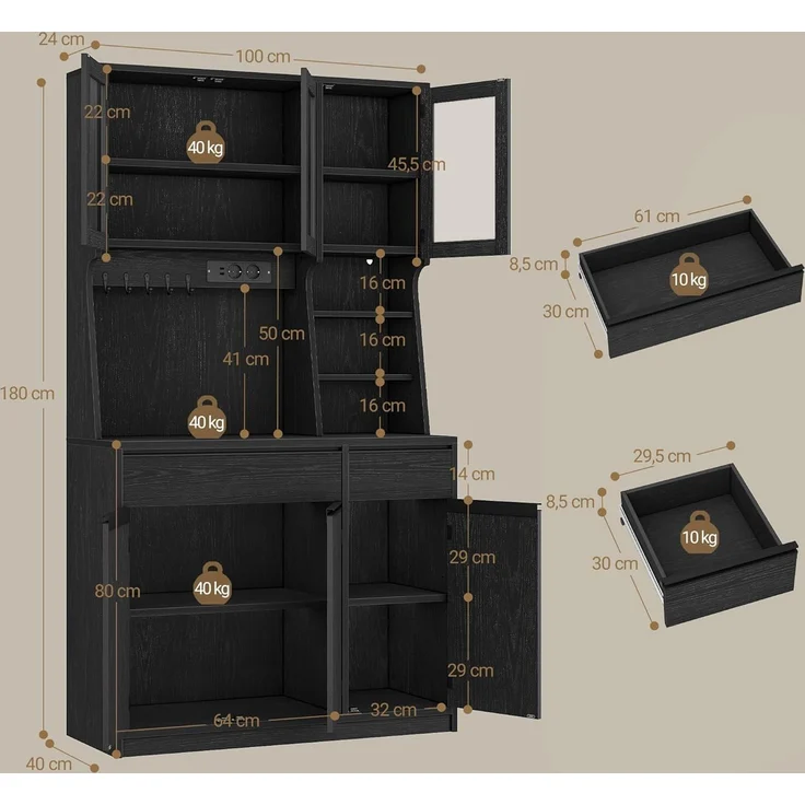 Küchenschrank, Buffetschrank, Hochschrank mit Steckdosen und LED-Lichtleisten, mit Arbeitsplatten und Zwei Schubladen, Verstellbare Einlegeböden, Küche, 40 x 100 x 180 cm, Schwarz – Bild 10